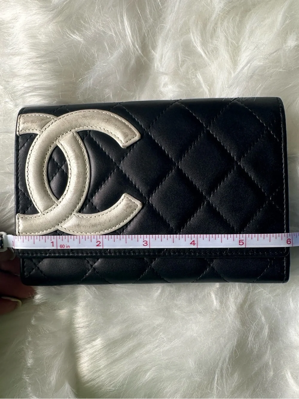 CHANEL Cambon Ligne Black Lambskin Long Wallet White CC Pink Interior